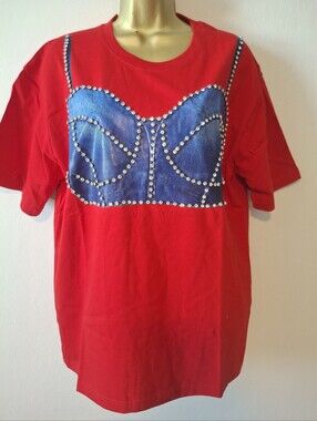 Red Women’s Short Sleeve Tee with Embellished Blue Faux Bustier